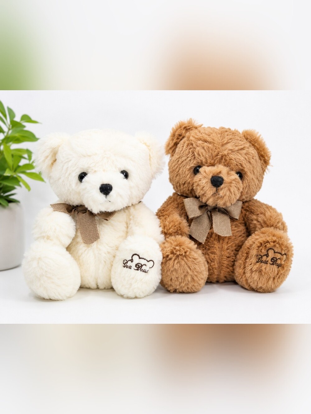 2 Plush Teddy Bears Cream & Brown “Bear Hugs” Stuffed Animals Matching Bow Ties